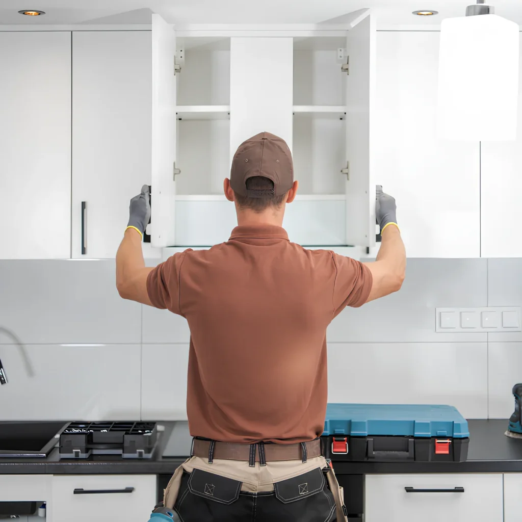 Image representing a contractor examining kitchen cabinets.
