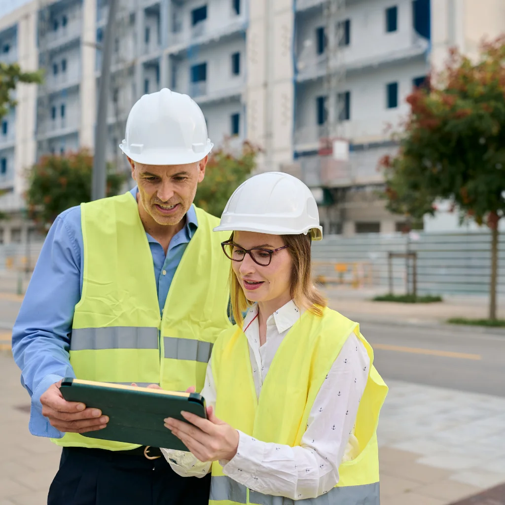 Image representing a contractor reviewing architectural plans and building materials.